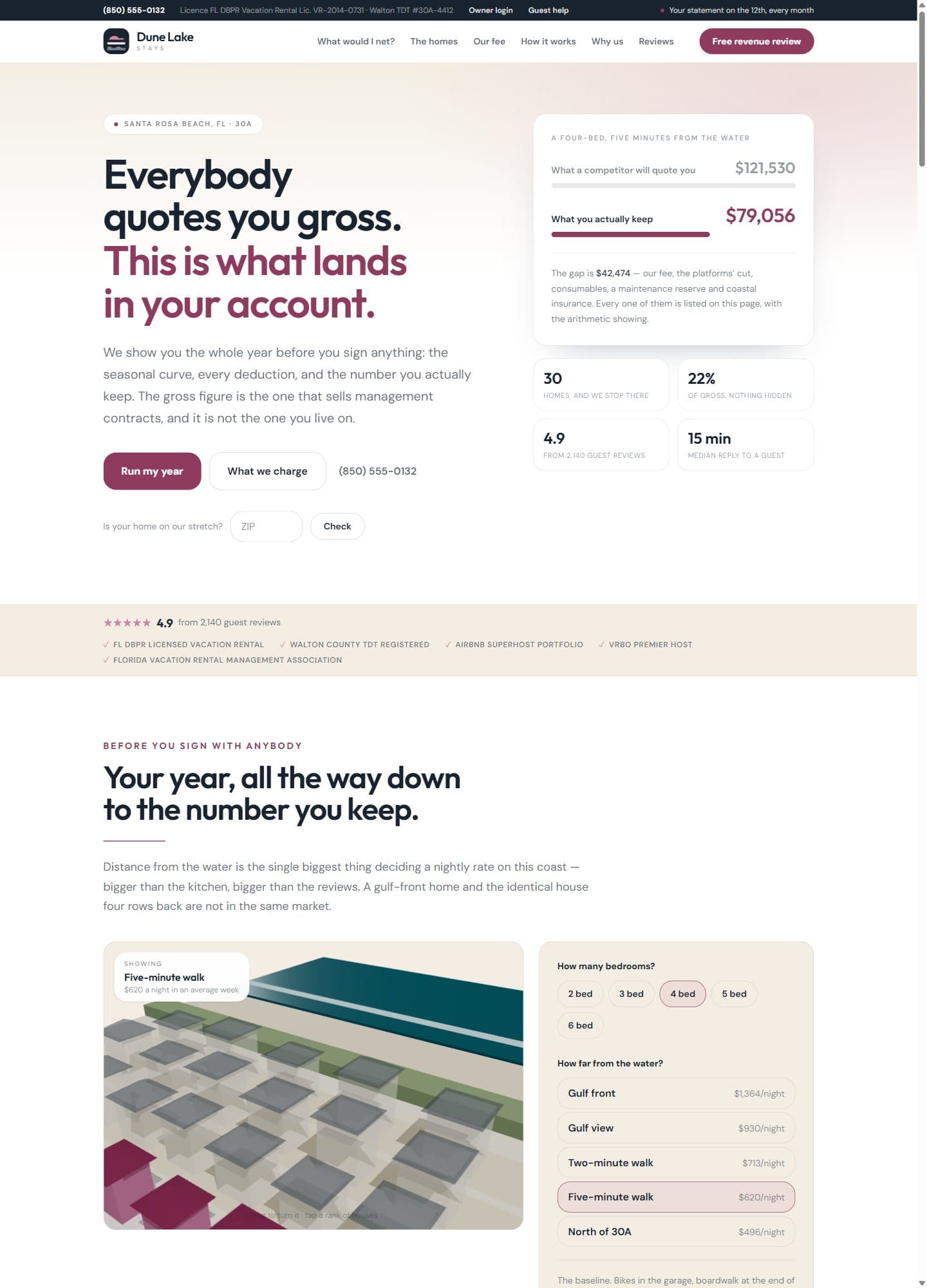 Dune Lake Stays — A revenue calculator that shows owners what they actually take home