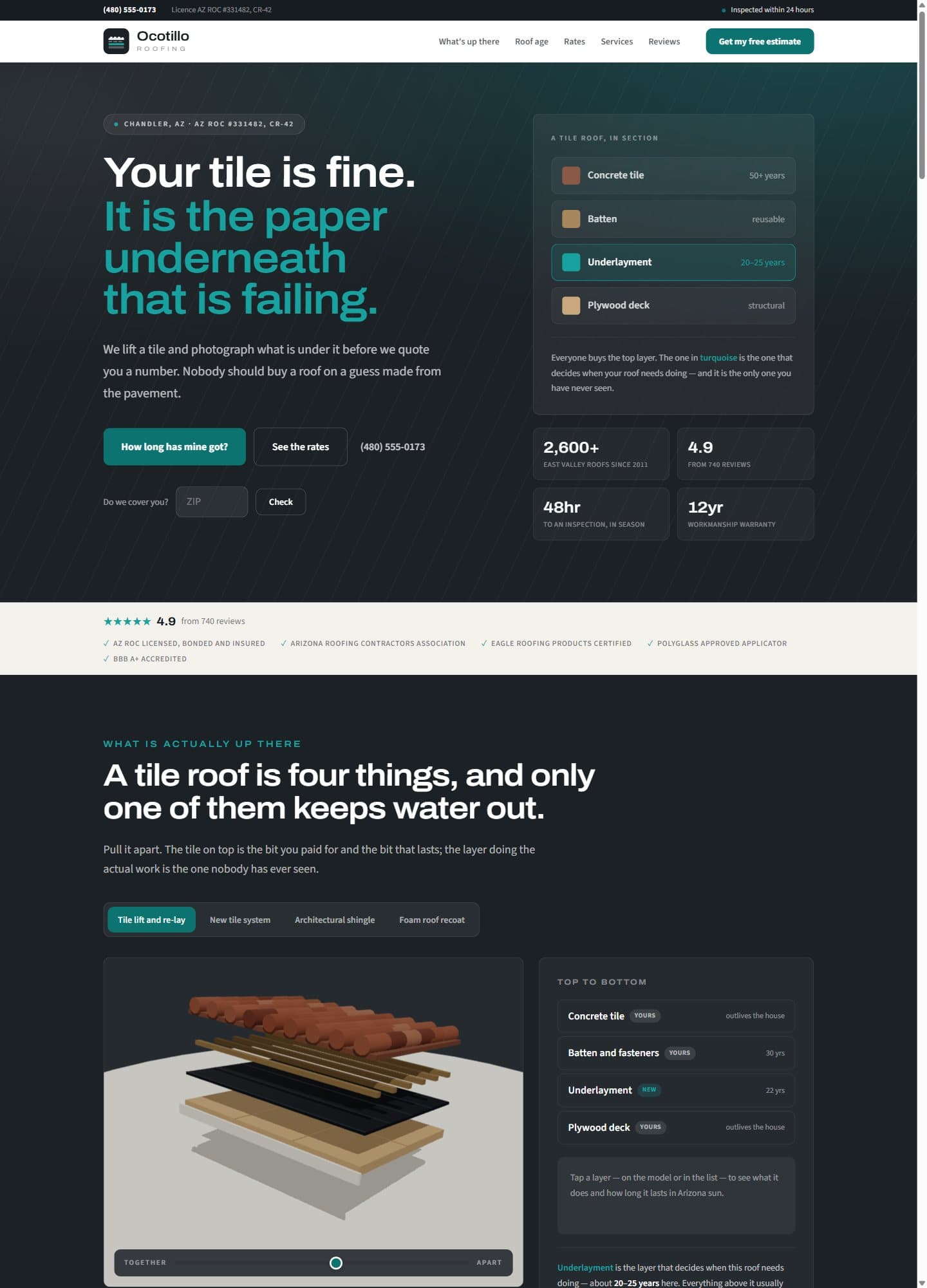 Ocotillo Roofing — A 3D explainer that sells a problem customers cannot see
