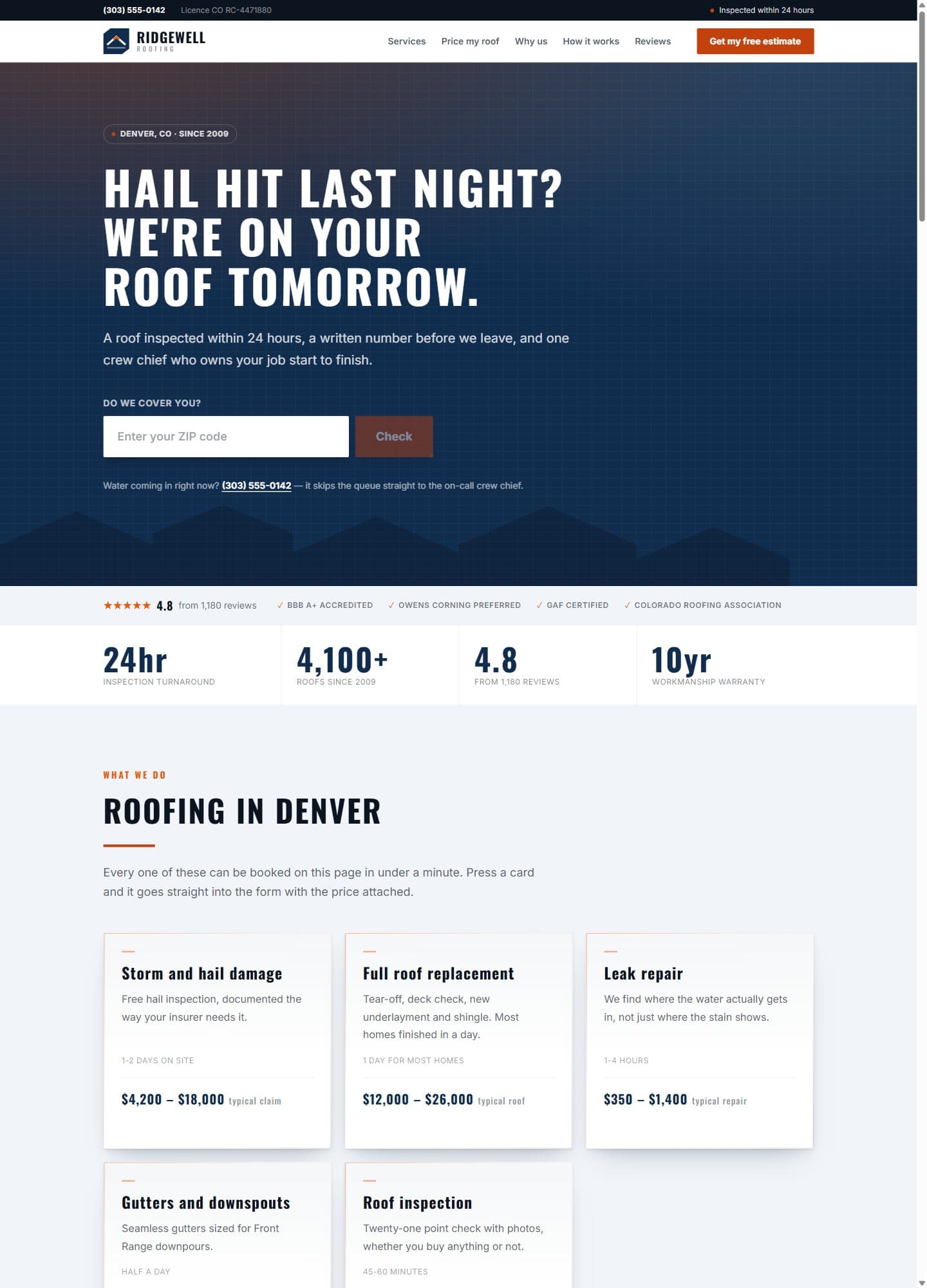 Ridgewell Roofing — Instant online pricing that turns visitors into booked appointments